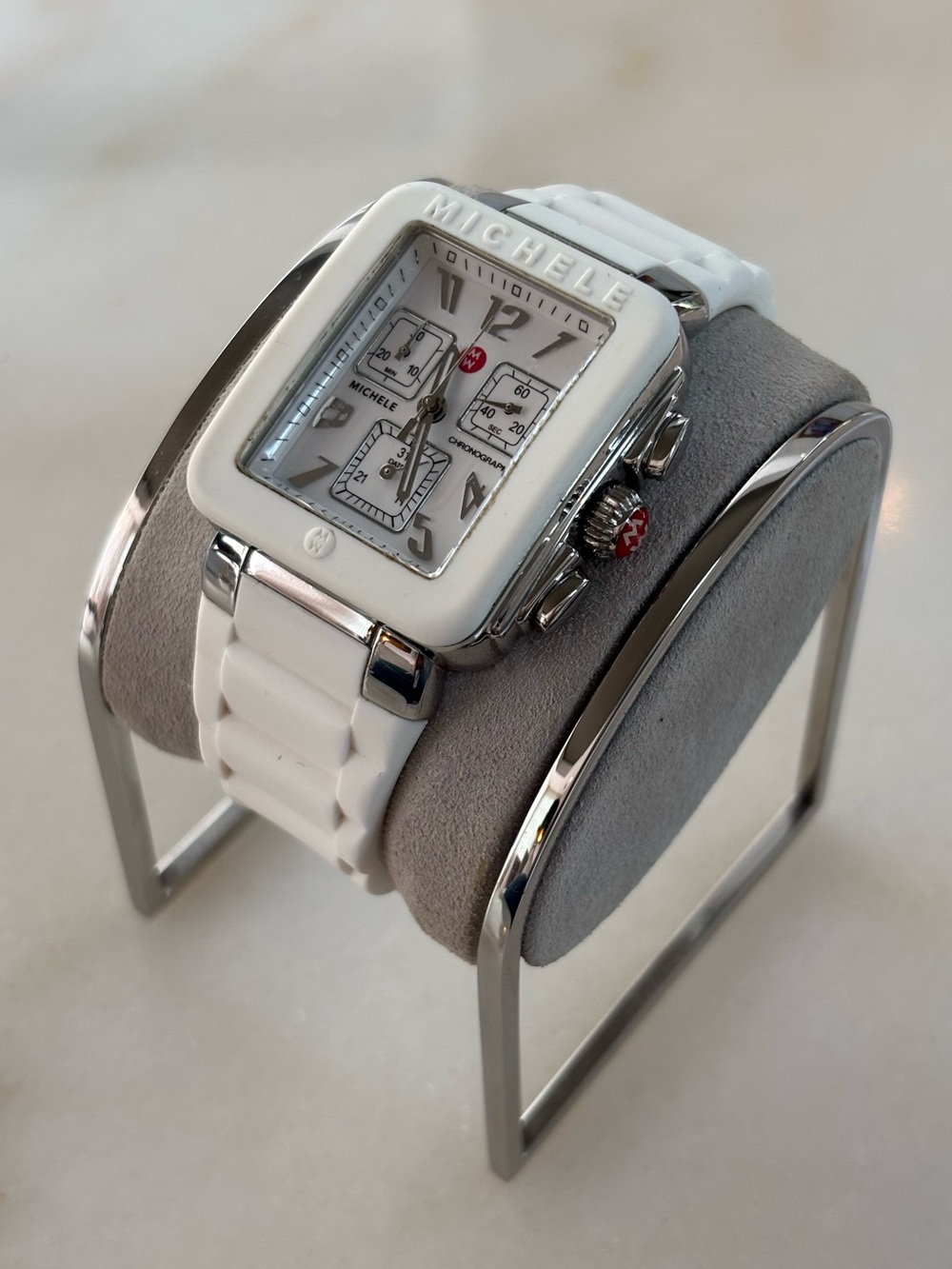 Michele White Ceramic Square Chronograph Watch with Silver Accents - Picture 2 of 6